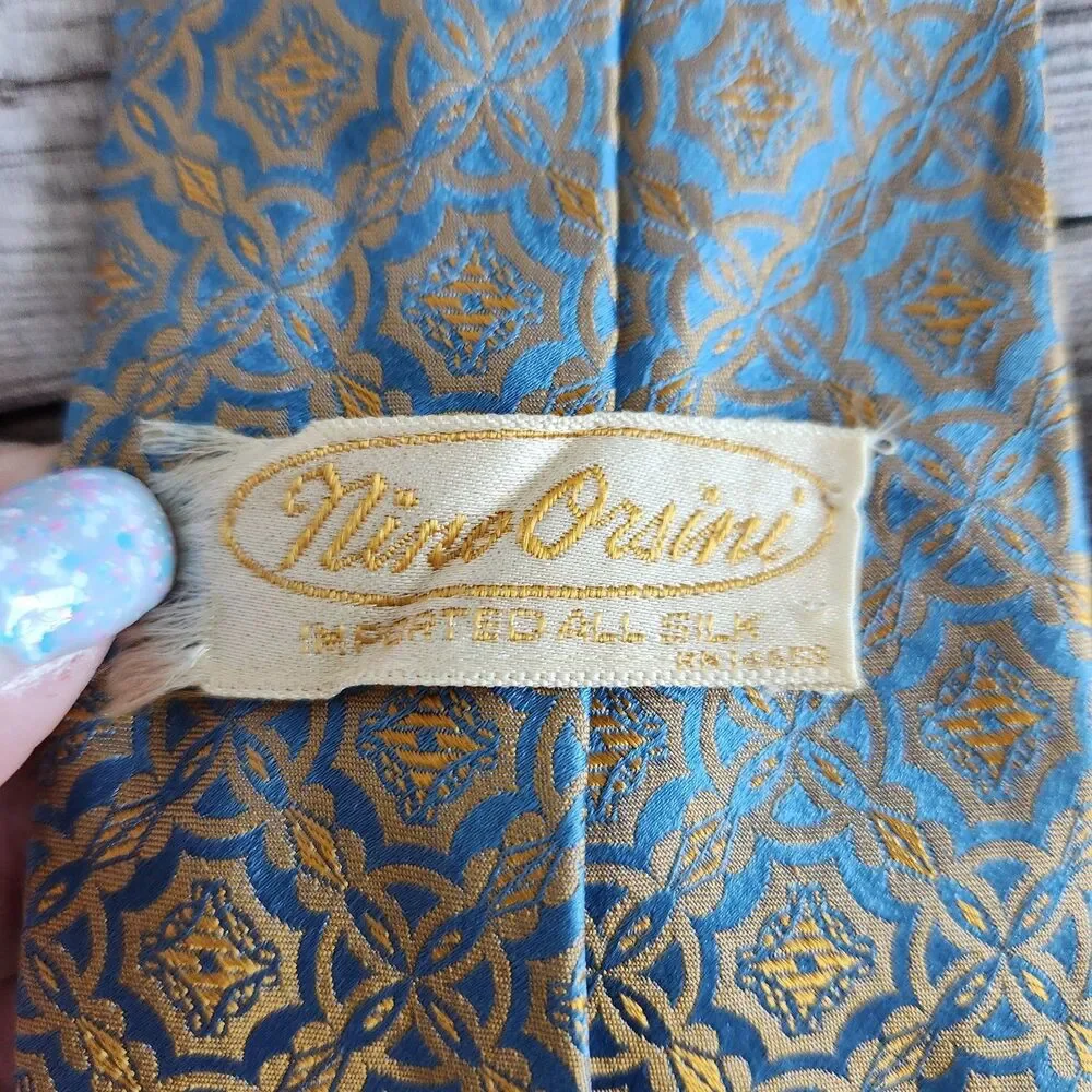 Nino Orsini Designer Silk Tie Blue Gold Plaid Geometric Vintage 50s Mid Century